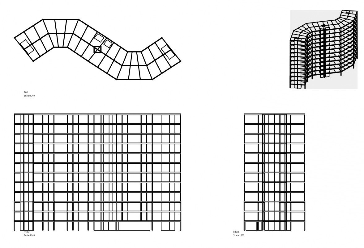 CAD drawing sheet with plan and elevation views of the S-shaped structure